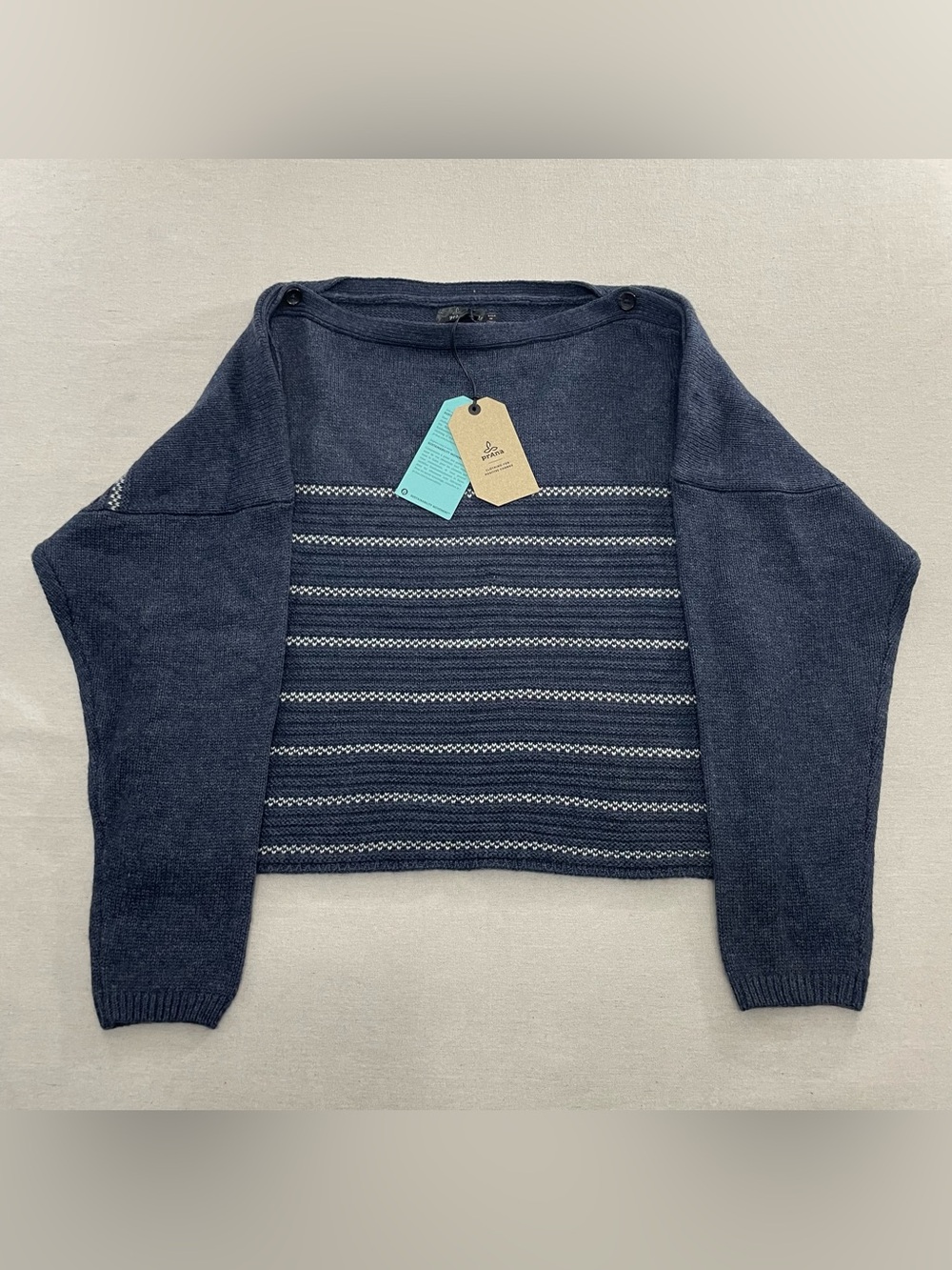 NEW Prana Phono Sweater Navy Blue Striped Wool Blend Boat Neck Size M Nautical
